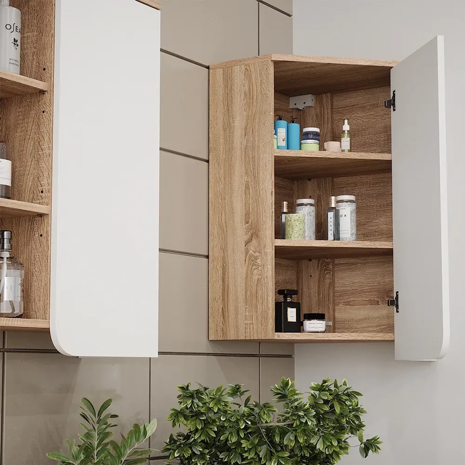 Vicco Badschrank Karen, Sonoma/Weiß, 50x75 cm, mit Tür und offenen Fächern. Badregal zur Wandmontage.