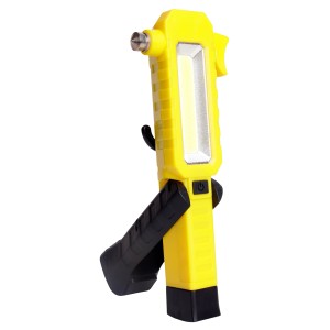 Gelbes Basi Multifunktions-Notfallwerkzeug KFZ 115 mit LED-Leuchte, Gurtschneider und Fensterhammer.