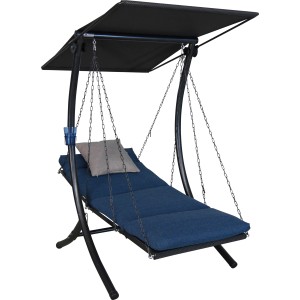 Angerer Hollywoodschaukel Swing Smart Denim, 1-Sitzer mit Sonnendach und blauem Kissen.