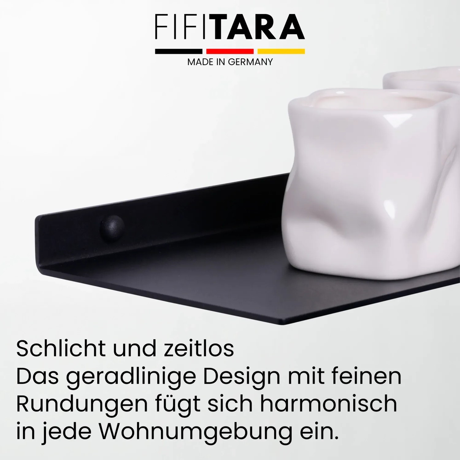 Schwarzes FIFITARA Wandregal, 40cm, 2er Set aus Stahl mit Deko.