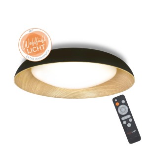 MegaLight Bowl LED-Deckenleuchte, schwarz matt mit Holzoptik innen, dimmbar, inkl. Fernbedienung.