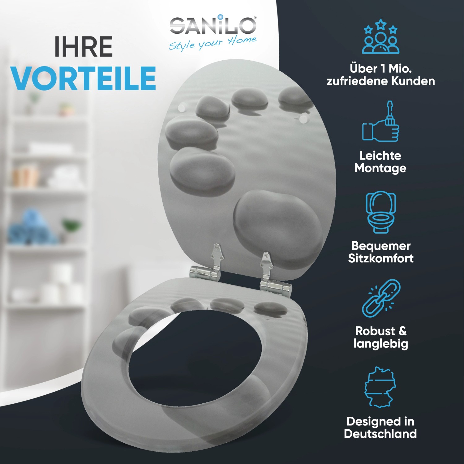 Sanilo WC Sitz mit Absenkautomatik Black Stones, Hochwertiger und