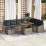 Graues 9-teiliges Garten-Sofa-Set aus Poly Rattan mit Kissen und Stauraum.