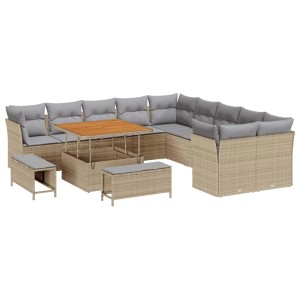 Beiges 13-teiliges vidaXL Garten-Sofa-Set aus Poly Rattan mit Tisch, Hockern und Ecksofa.