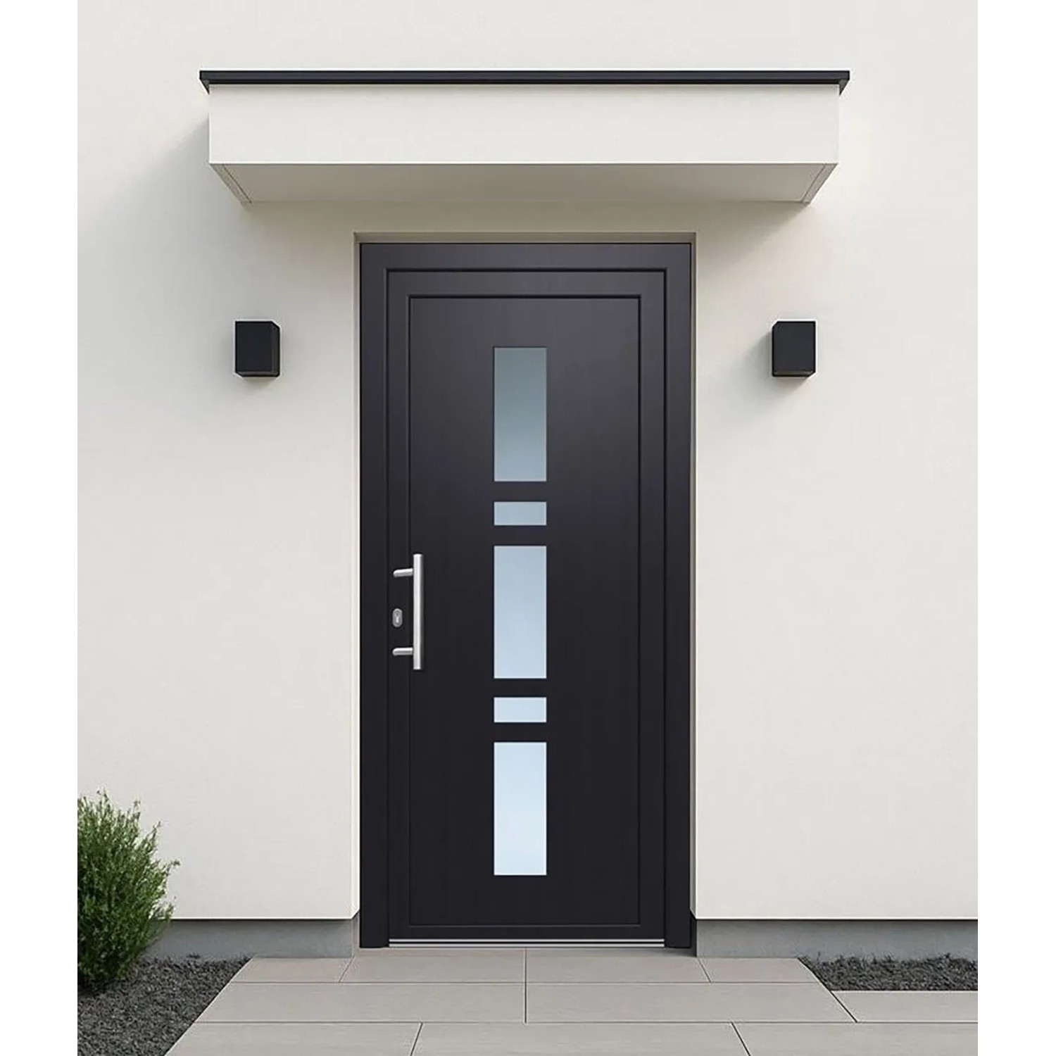 Anthrazitfarbene Kunststoff-Haustür mit Glaseinsatz, 110x210 cm, Anschlag links.
