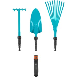 Gardena Combisystem Kleingeräte Set: Blumenkelle, Rechen, Besen und Griff in Türkis und Schwarz.