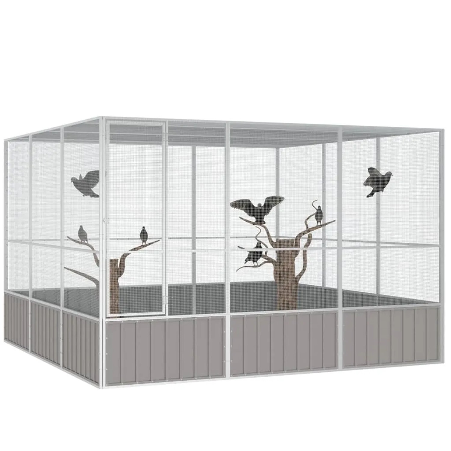 Großer, grauer vidaXL Vogelkäfig aus verzinktem Stahl, ideal für Vögel zum Spielen und Fliegen.