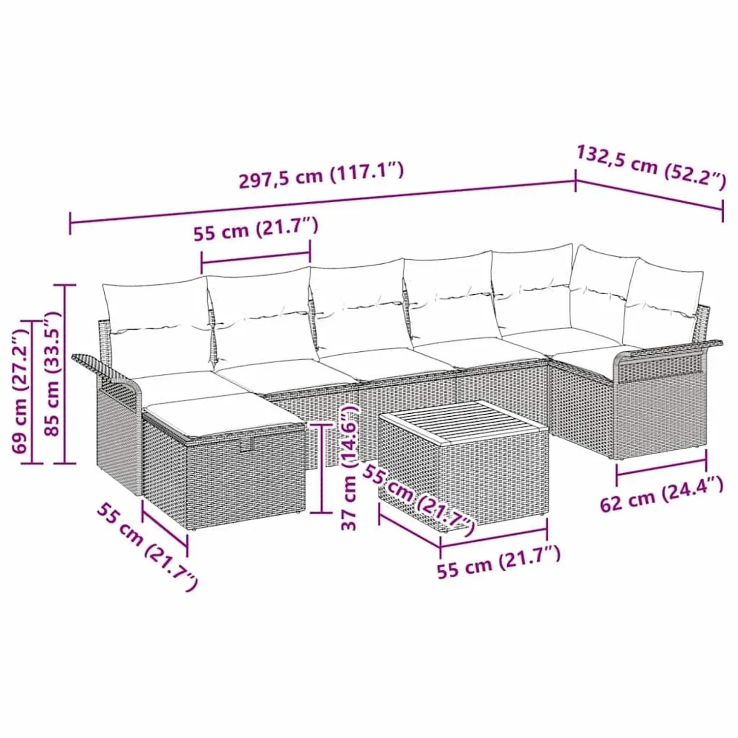 vidaXL Gartenmöbel-Set, 8-teilig, beige Poly Rattan, mit Maßen. Sofa, Sessel, Hocker und Tisch.