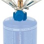 Kompakter Camping Gaskocher Micro Plus mit Topfträger und blauer Gaskartusche.