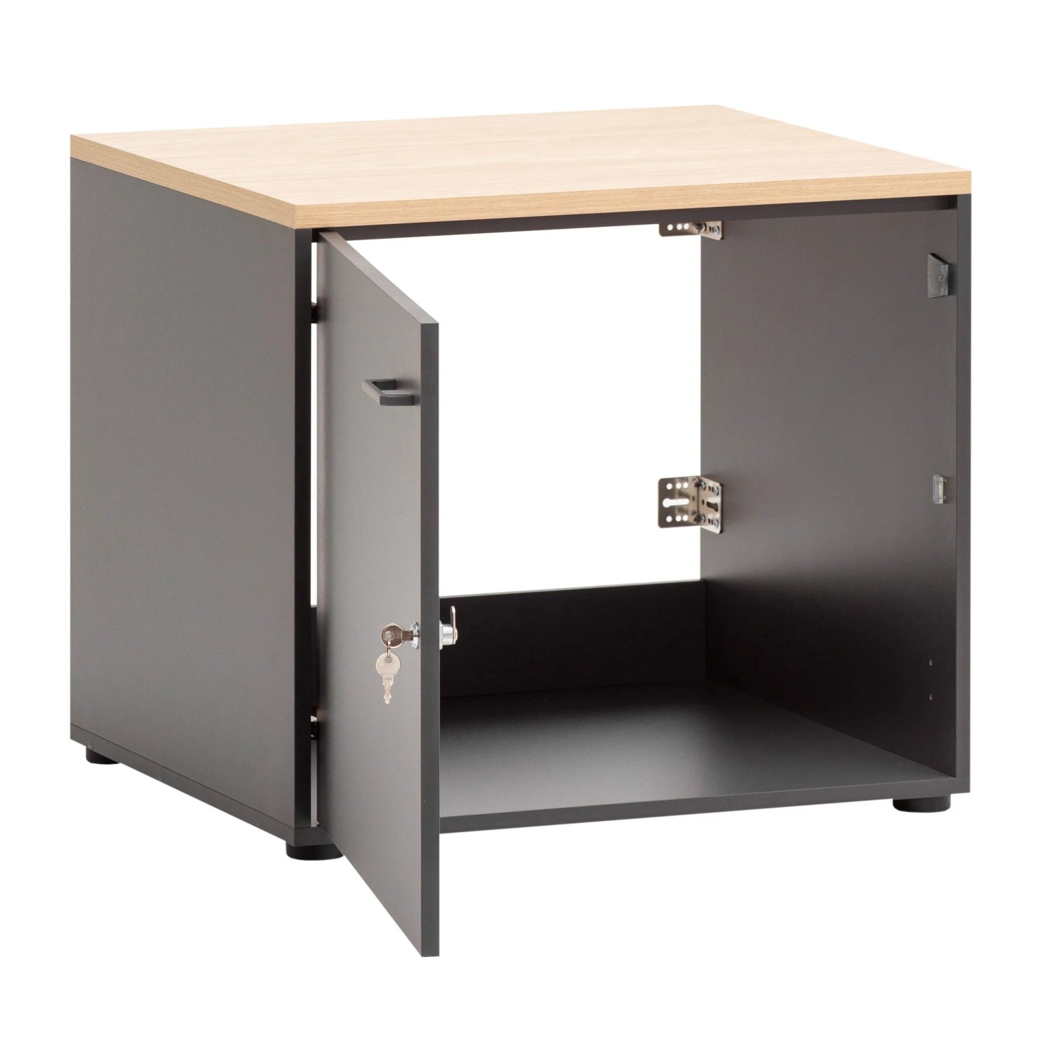Schildmeyer Mehrzweckschrank Solea in Anthrazit mit Eiche-Abdeckplatte, Tür geöffnet.
