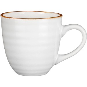 Weiße Keramiktasse Tabo von Mica Decorations mit braunem Rand, 9 cm Durchmesser.