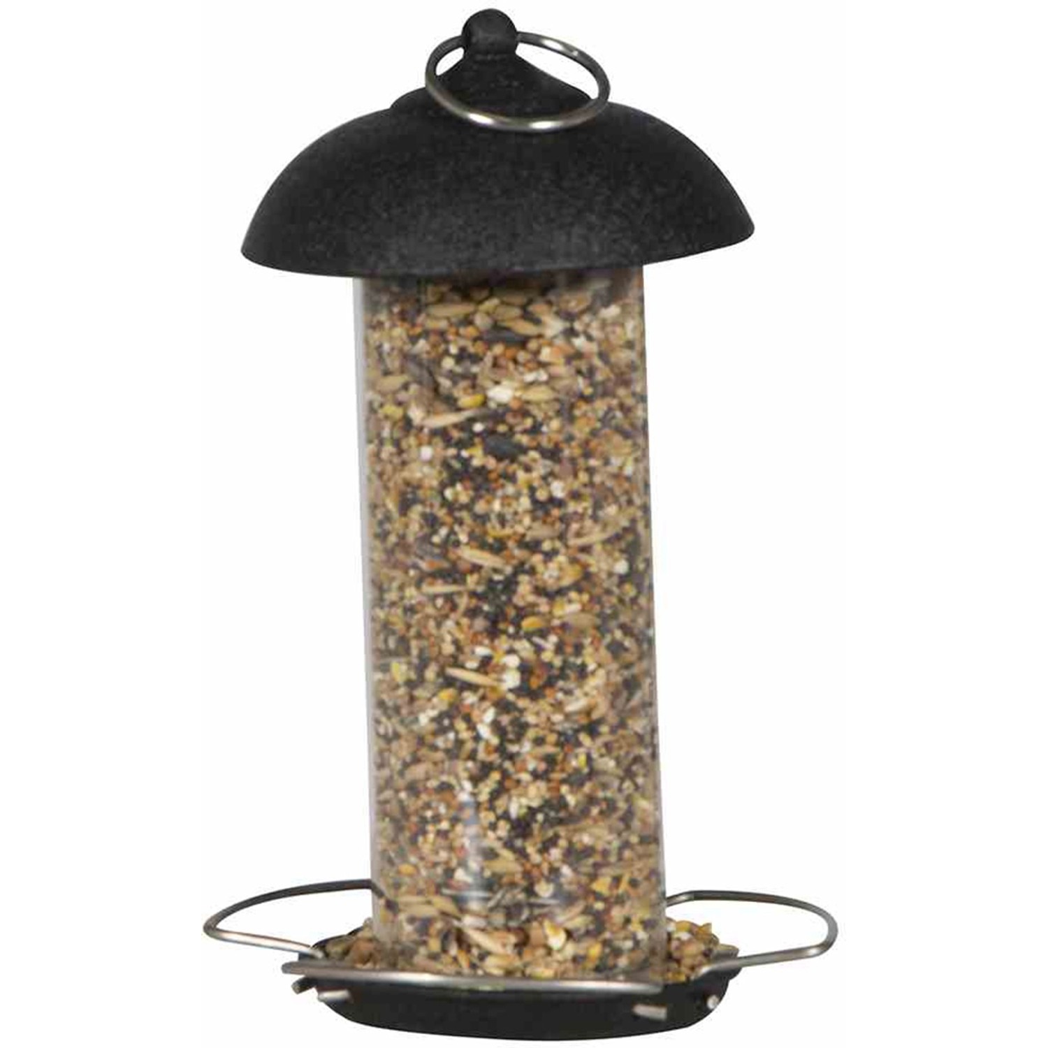 Siena Garden Vogelfutterspender aus Stahl, schwarz, gefüllt mit Vogelfutter.