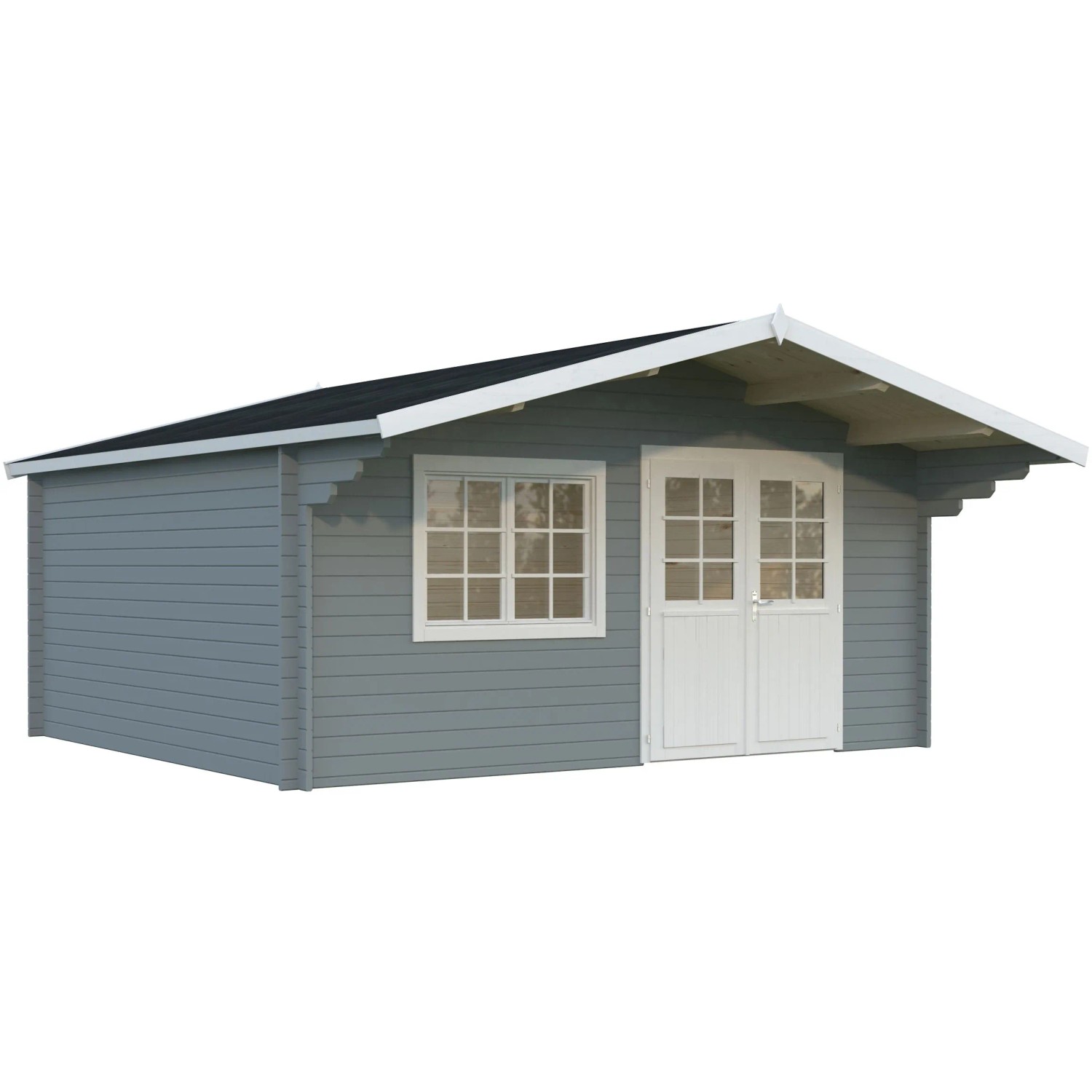 Palmako Gartenhaus Britta, 480x425 cm, grau-weiß lackiert, mit Fenster und Doppeltür.