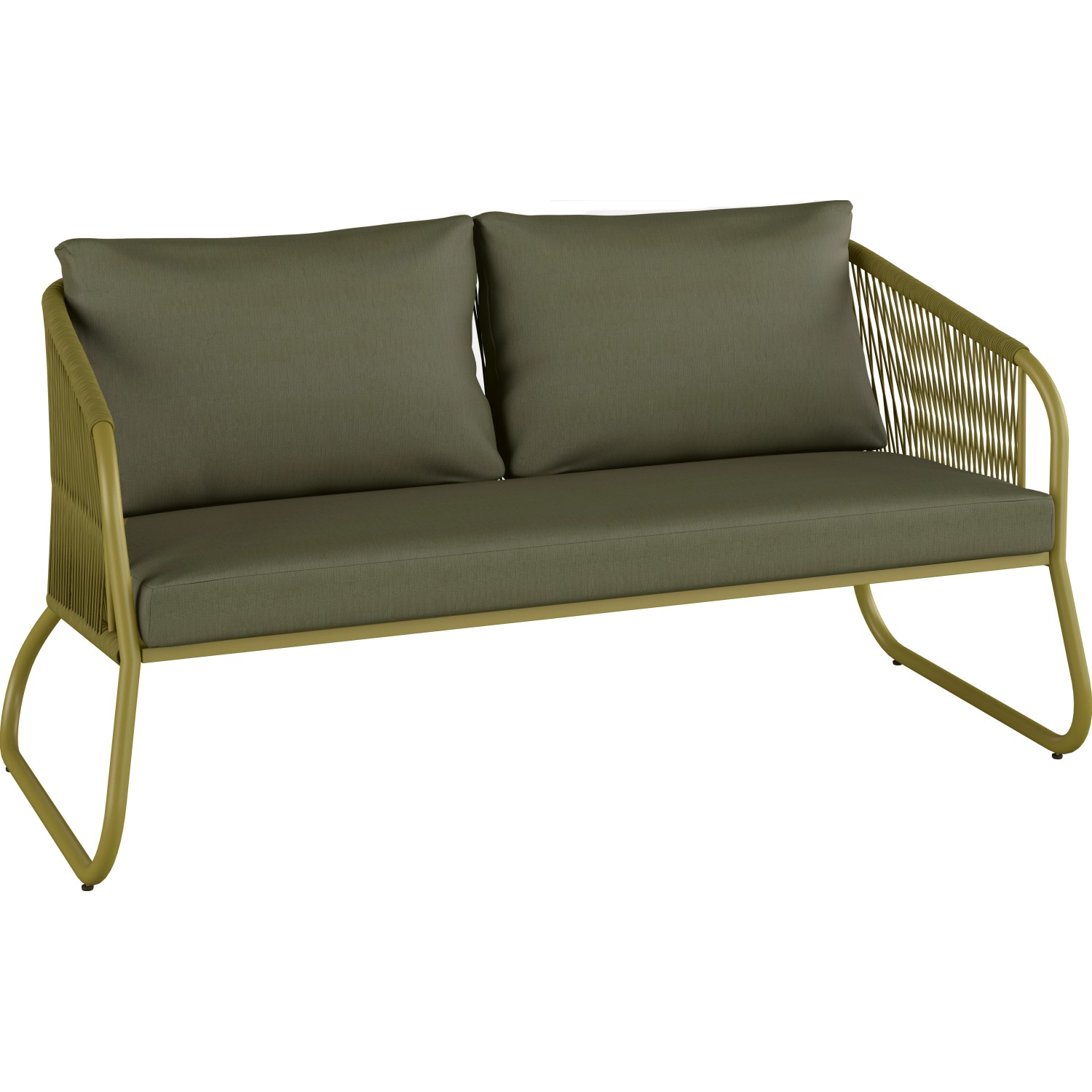 Lounge-Sofa des 4-teiligen Lounge-Set Scafford mit Seilbespannung in Oliv. Gartenmöbel mit Kissen.