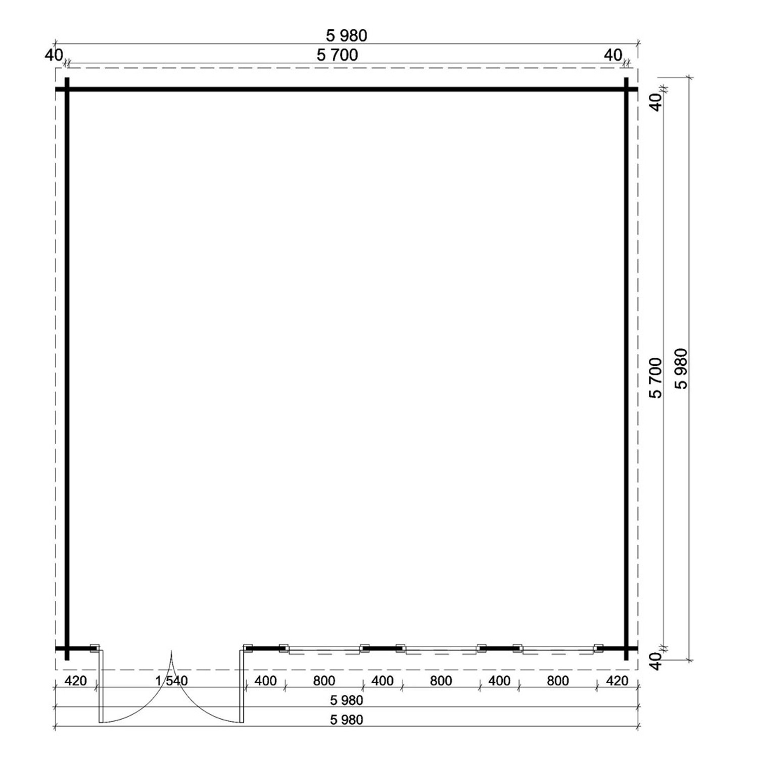 Grundriss Alpholz Gartenhaus Atrium D, Pultdach, 600x625cm, unbehandelt. Abmessungen und Fensteranordnung.