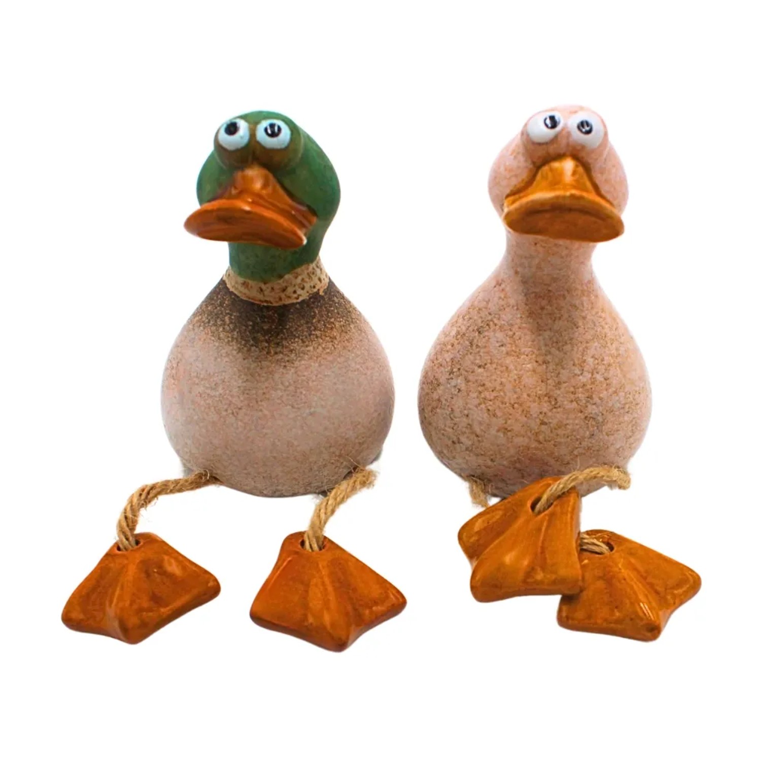 Dekohelden24 2er Set Dekofiguren Ente Deko Enten Entenfiguren aus Steingut in einem Braunton Größe einer Gartenfigur L/B/H 6 x 7 x 10 cm