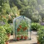 Grünes Balkongewächshaus aus Stahl und PVC mit aufgerollter Tür, 2 Etagen, gefüllt mit Tomatenpflanzen.