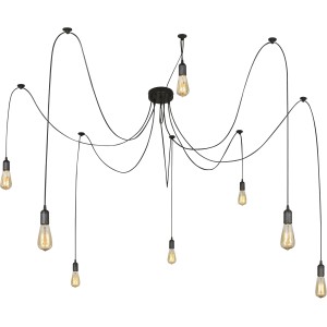 Schwarze Globo Pendelleuchte MARACANA mit acht Leuchten und individuell einstellbaren Kabeln.