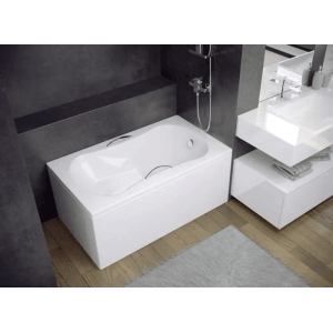 Weiße Rechteck-Badewanne ARIA REHAB 120x70 mit Griffen, Wannenträger & Ablauf im modernen Bad.