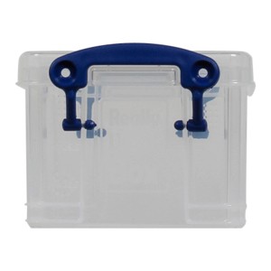 Transparente Clipbox 0,3l mit blauem Verschluss, ideal zur Aufbewahrung von Kleinteilen.