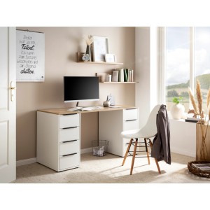 PROREGAL Schreibtisch Kangaroo, Eiche/Weiß, mit 8 Schubladen für Büro/Homeoffice.