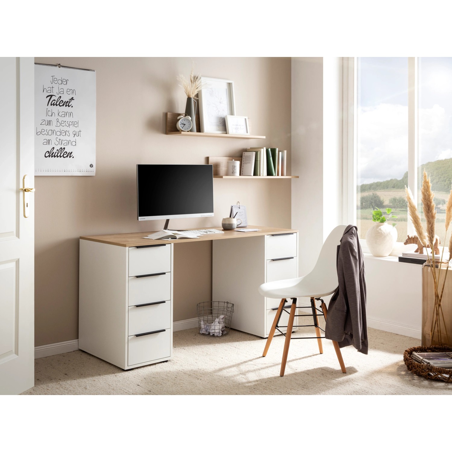 PROREGAL Schreibtisch Kangaroo, Eiche/Weiß, mit 8 Schubladen für Büro/Homeoffice.