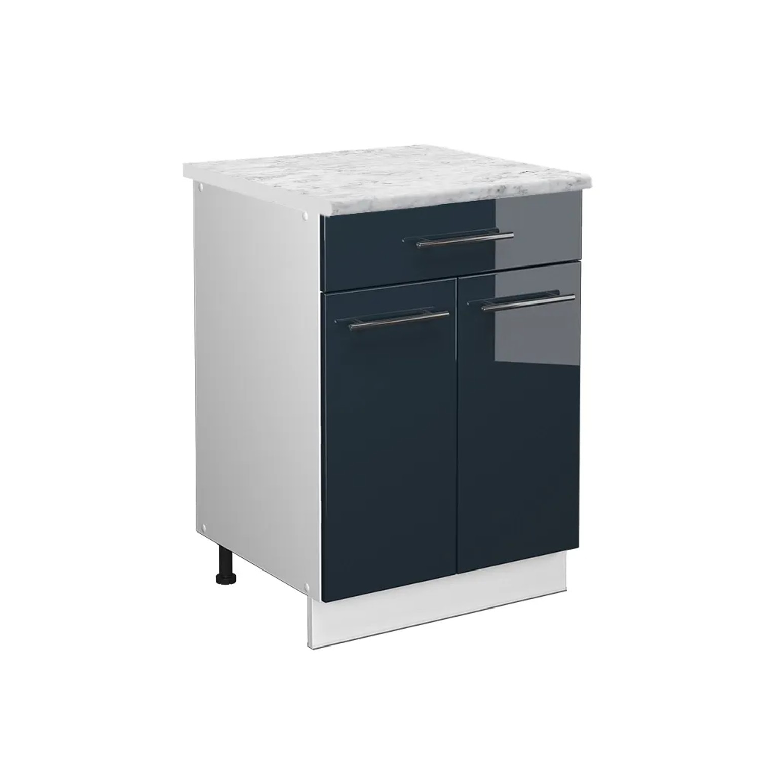 Vicco Küchenunterschrank Fame-Line Dunkelblau Hochglanz/Weiß 60 cm mit Schublade AP Marmor