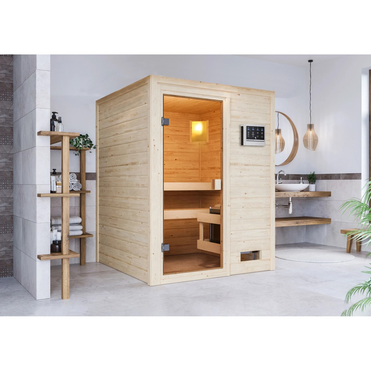 Woodfeeling Sauna Sandra mit Glastür und Bio-Ofen im Badezimmer.