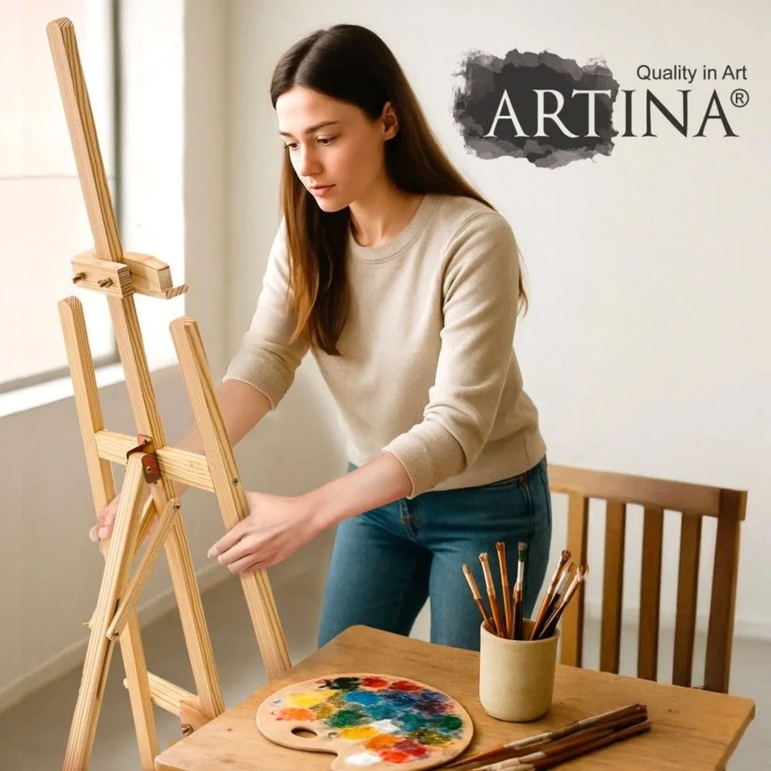 Artina Tessin Staffelei aus Kiefernholz (175 cm) mit Malerin und Zubehör.
