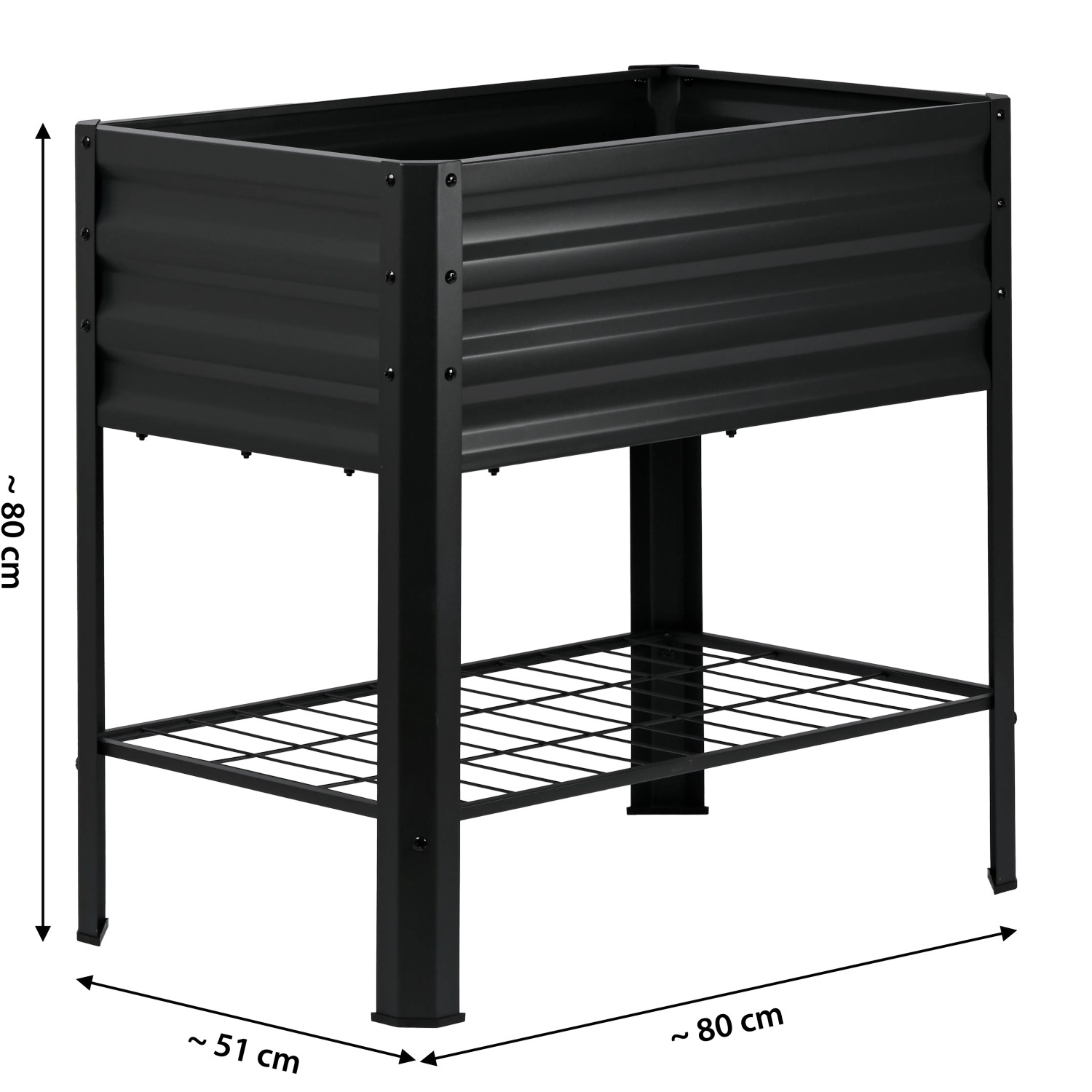 Schwarzes dobar Metall-Hochbeet Kubus auf Stelzen mit Ablagefläche für Gartenwerkzeug.