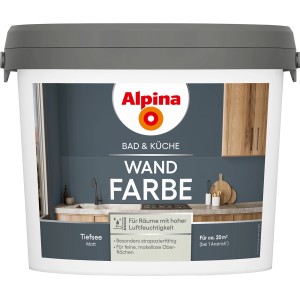 Alpina Wandfarbe Bad & Küche Tiefsee, 2,5 l, matte, blaue Innenfarbe für Feuchträume.