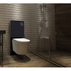 Glasdeals Sanitärmodul mit Wand-WC und Betätigungsplatte in Schwarzglas für moderne Badezimmer.