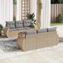 Beige 7-tlg. vidaXL Garten-Sofagarnitur aus Rattan mit grauen Kissen auf Terrasse.