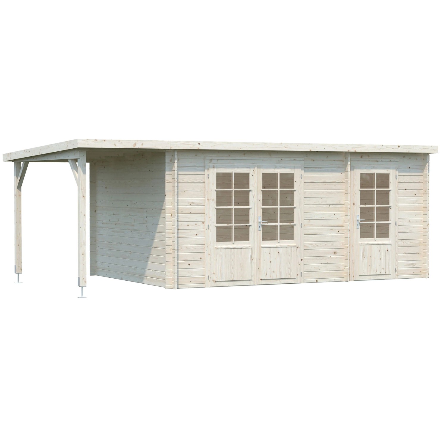 Palmako Ella Holz-Gartenhaus mit Pultdach und Anbaudach, tauchgrundiert, 610x300 cm.