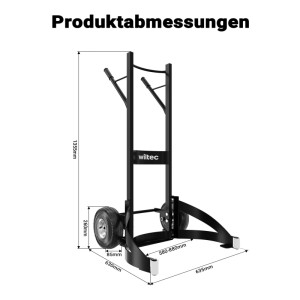 Wiltec Reifenkarre schwarz, mit Maßen: 1355mm Höhe, 630mm Breite. Zeigt Details für den Transport von Autoreifen bis 200kg.