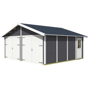 Skan Holz Holzgarage Varberg, schiefergrau, mit Doppeltor und Einzeltür.