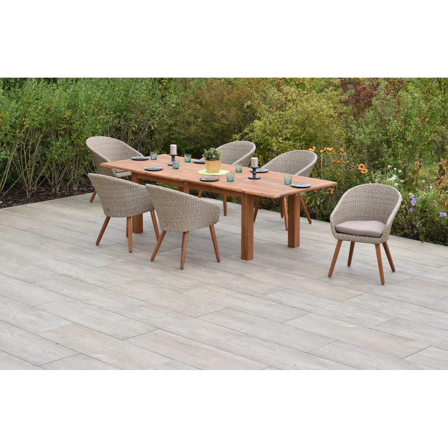 Merxx Aronne Set 7-tlg. 6 Sessel Doppel-Gartentisch Ausziehbar