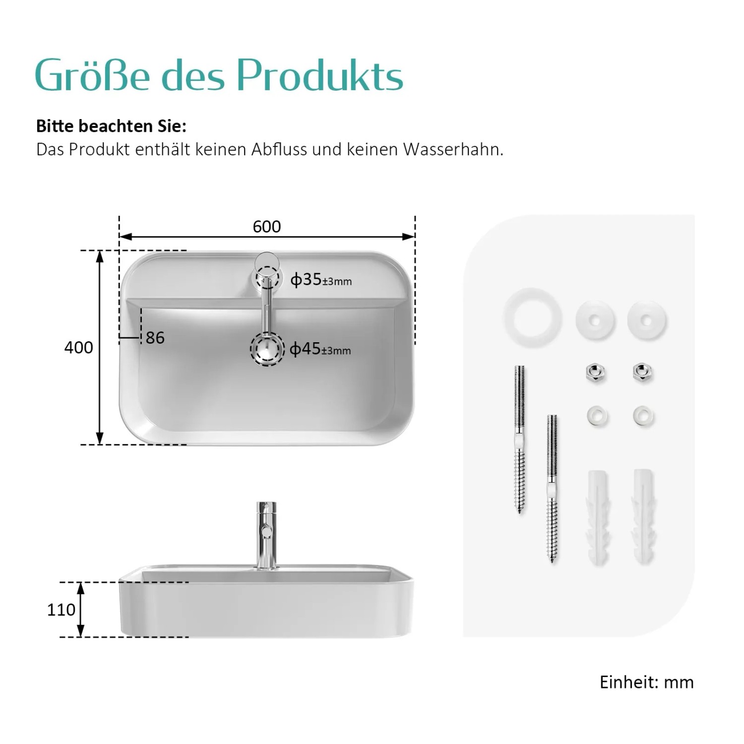 Emke Handwaschbecken, eckig, 60x40 cm, mit Hahnloch, Aufsatz oder Wandmontage, inkl. Befestigungsmaterial.