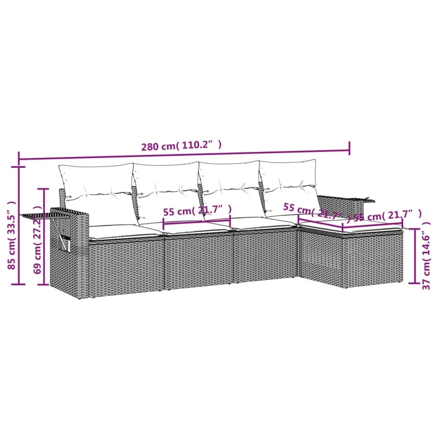 Braune 5-tlg. vidaXL Garten-Sofagarnitur aus Poly Rattan mit cremeweißen Kissen und Maßangaben.