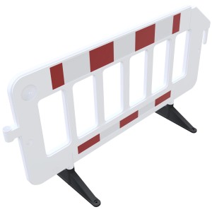 Weißes Schake Absperrgitter aus Kunststoff mit roter RA1/A Folie und schwarzen Füßen.