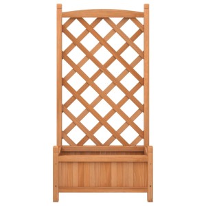 Brauner Pflanzkübel mit Spalier aus Tannenholz für Kletterpflanzen im Garten oder auf der Terrasse.