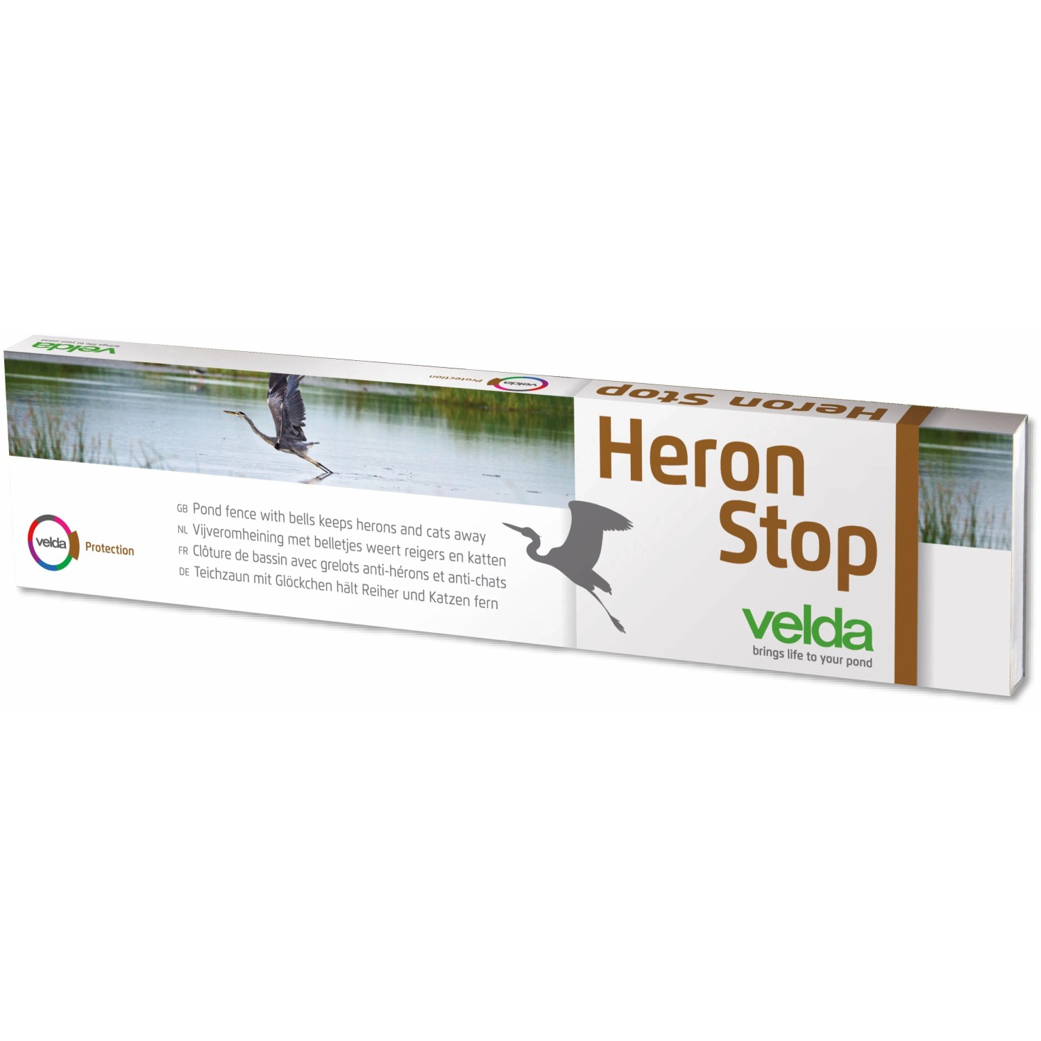 Velda Heron Stop Teichzaun mit Glöckchen. Verpackung zeigt Reiher am Teich. Schützt vor Reihern & Katzen.