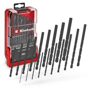 Einhell Metallbohrer-Set, 19-teilig, HSS-R, 1-10 mm, mit roter Kassette und Bohrern in verschiedenen Größen.