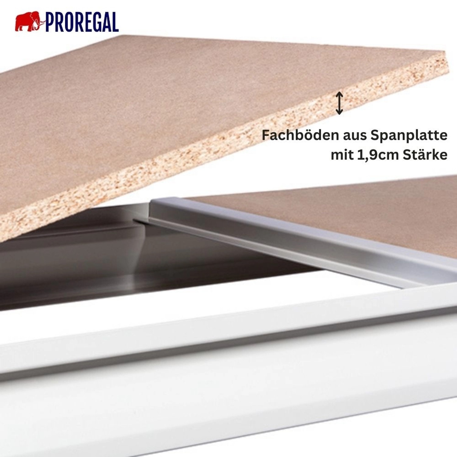 Detailaufnahme: PROREGAL Weitspannregal Maximus mit Spanplatten-Fachboden (1,9cm stark).