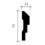 Abbildung einer weißen, flexiblen Wand- und Friesleiste (2,2x7,5cm) mit Maßangaben.