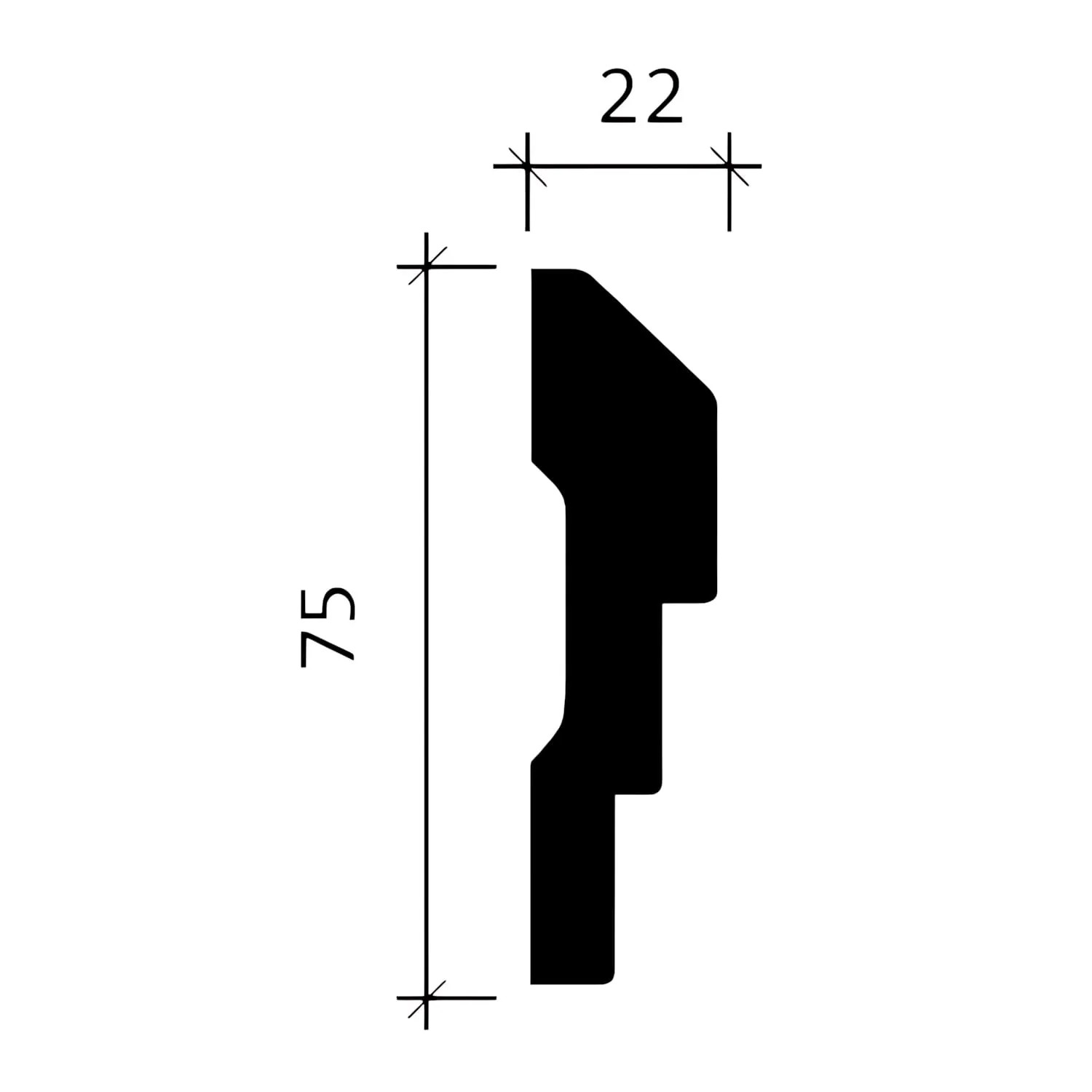 Abbildung einer weißen, flexiblen Wand- und Friesleiste (2,2x7,5cm) mit Maßangaben.