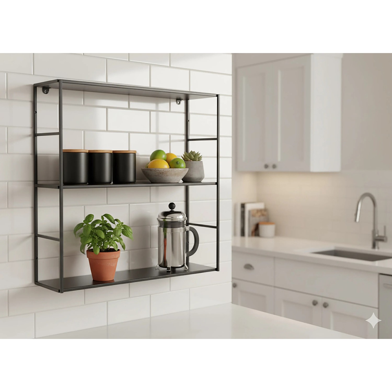 Schwarzes Metall-Regal Pinnock, 60x60x20 cm, an Wand mit Deko-Objekten. Regale & Regalböden für Küche.