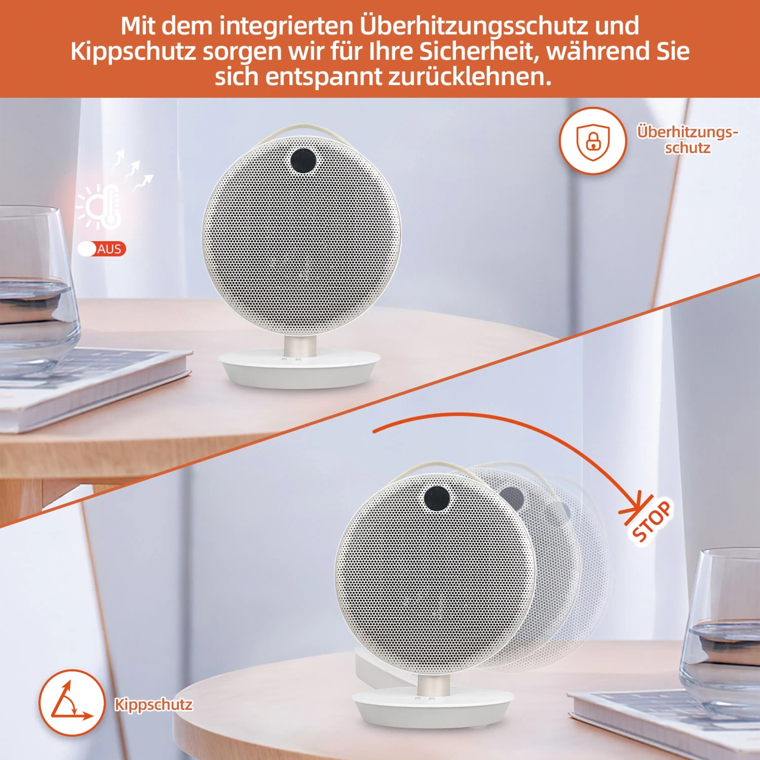 Weißer PTC-Heizlüfter (2200 W) mit Überhitzungs- und Kippschutz auf einem Tisch.