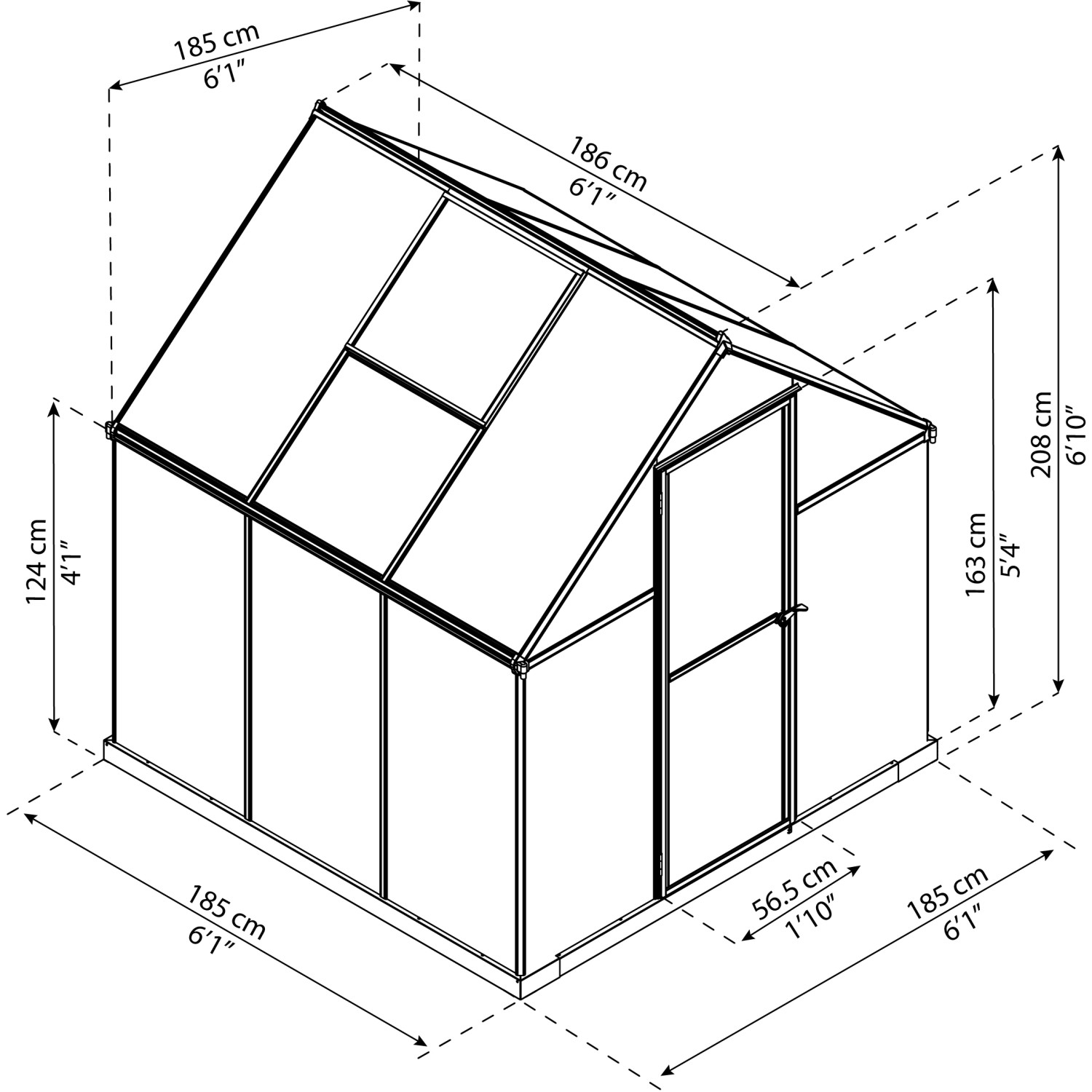 Skizze des CANOPIA by PALRAM Gewächshauses Mythos 3,4 m² mit Maßangaben.