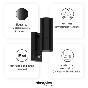 Schwarze Oktaplex Para Außenlampe mit Bewegungsmelder und GU10 Leuchtmittel.